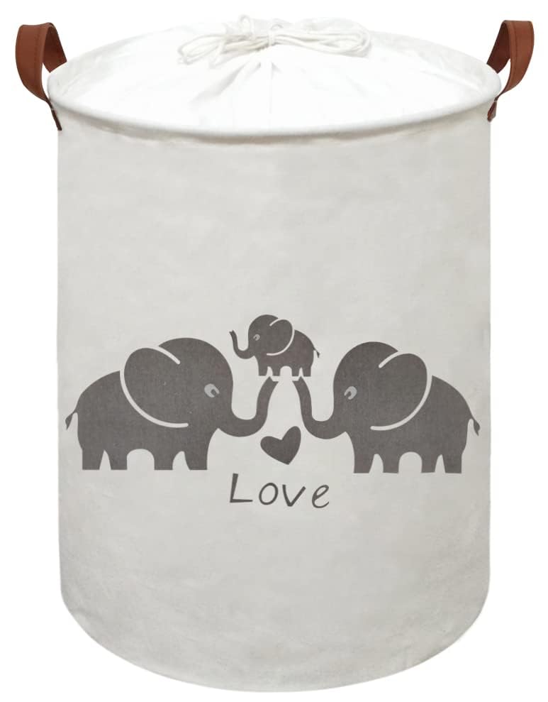 Image of 19.7 inch x 15.7 inchLaundry Basket,Round Cotton Linen Storage Bin with Drawstring Cover for Bathroom /Closet /Toys Storage(Elephants)