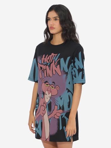 Image of The Souled Store Official Pink Panther: Hot Pink Women and Girls Short Sleeves Round Neck Black Graphic Printed Cotton Mini Oversized T-Shirt Dresses