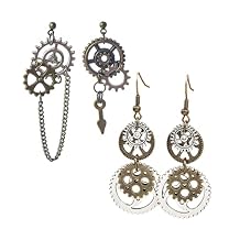 Dreuyet 2 Pairs Gear Steampunk Earrings for Women Men Handmade Vintage Punk Clockwork Dangle Drop Earrings Antique Clock Gear Stud Earring Halloween Accessories