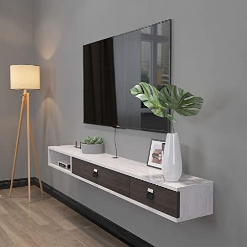 Pmnianhua Wall Mounted Floating TV Unit, Floating TV Stand Media Console Entertainment Gaming Storage TV Shelf Cabinet Unit with 2 Doors Home Office Furniture(140cm, grey-white)