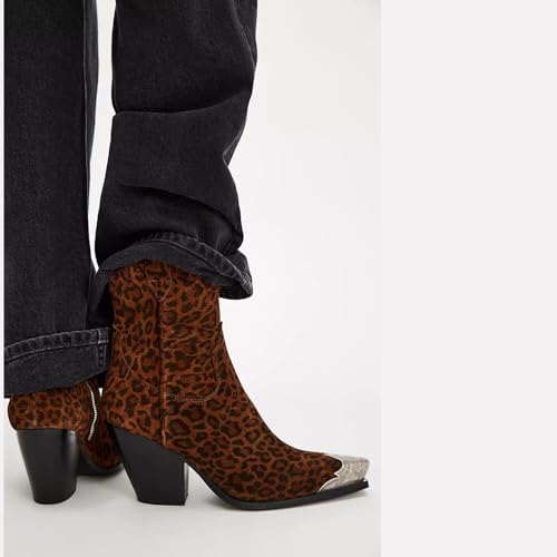 Image of keleimusi Women's Western Cowgirl Ankle Boots Stacked Block Heel Cowboy Booties Steel Toe Heeled Short Cowboy Boots Side Zipper Western Booties for Women