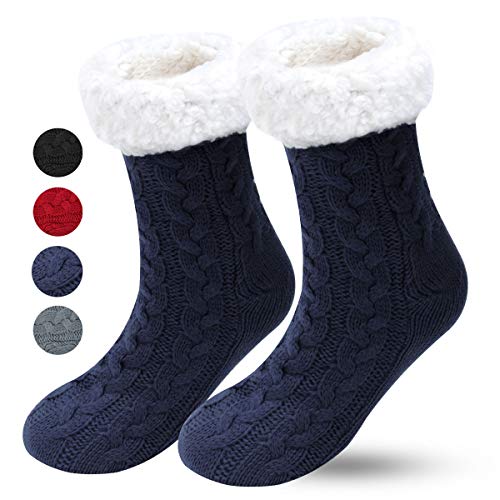 LADES DIRERCT Damen Kuschelsocken - Warme Dicke Slipper Socken Winter Haussocken Plüsch Innen-Socken Nicht Gleiten Strick Fleece Gefütterte Socken Weihnachten Hüttensocken (darkblau) Cover