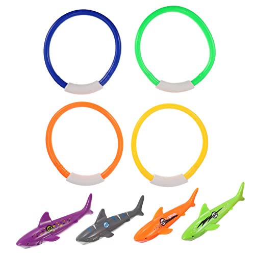 ERINGOGO 8 Pcs Diving with Soft Rings and Weighted Shark Figures Smooth Edges Dive for Swimming Skill Training and Underwater Fun
