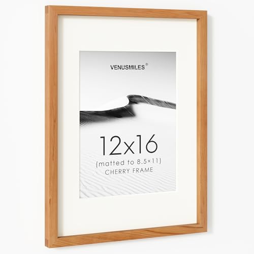 Image of 12x16 Picture Frame, USA-Sourced Natural Cherry Wood Photo Collage Frame with HD Tempered Glass, Modern Simple 12 x 16 Wooden Frame Matted to 8.5x11, Vertical & Horizontal Wall Hanging Display