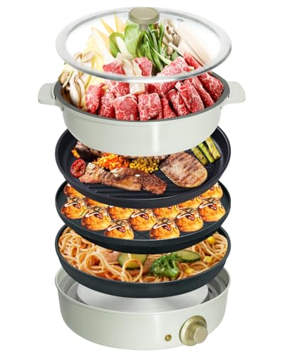 SOLEMOOD ホットプレート 焼肉 たこ焼き 3枚のプレート付き 多用途 しゃぶしゃぶ グリル鍋 深鍋 焼肉プレート すぐに温まる プレート取り外し可能 着脱式 1台多役 A4サイズ 1200W おしゃれ かわいい コンパクト 温度調節 洗いやすい 1人 2人 3人 (グリーン-プレート3枚) (G301-ホワイト-プレート4枚(平面・たこ焼き・深鍋・グリル))の商品画像（Amazon）