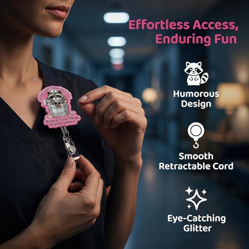 Retractable Badge Reel with Alligator Clip, Heavy Duty, Cute Funny ID Name Tag Holder for Nurses, Doctors, Teachers, and Office (Pink-Medical Trash Panda) — view 5