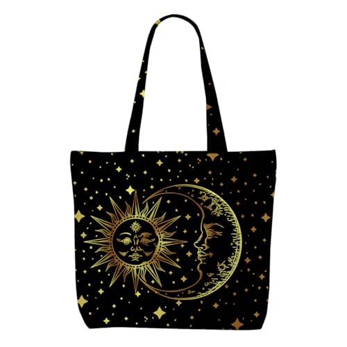 Sun and Moon Mystic Canvas Tote Bag Boho Aesthetic Canvas Bag with Pocket for Shopping Work Gym Large Reusable Grocery Bags Astrology Gifts for Women Girls Mom Daughter Appreciation Birthday Christmas