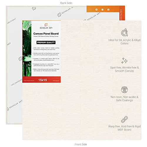 Image of Scholar Art Hobby Series 04 Oz (230 GSM) 100% Cotton Canvas Panel Board for Painting (White Blank Canvas Boards for Acrylic Paint, Oil Paint, Wet & Dry Media) | 15 inchx15 inch (37.5x37.5 cm), Pack of 4