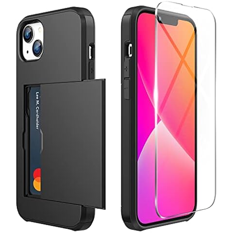 ZUSLAB Card Holder Slot Case Compatible with Apple iPhone 14 6.1'' 2022/13 6.1'' 2021, Phone Wallet Case with 1 Tempered Glass Screen Protector, Rubber & PC Bumper Cover for Women Men, Black Cover