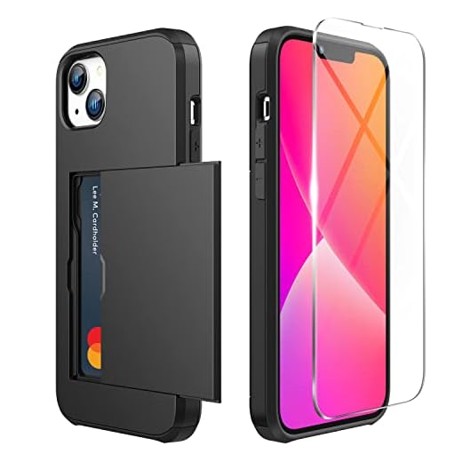 ZUSLAB Card Holder Slot Case Compatible with Apple iPhone 14 6.1'' 2022/13 6.1'' 2021, Phone Wallet Case with 1 Tempered Glass Screen Protector, Rubber & PC Bumper Cover for Women Men, Black