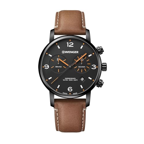 Wenger Relojes Hombre Urban Metropolitan Cronografo Ø 44mm, Suizos, Cuarzo, Impermeable 100m, Brazalete de Cuero, Cristal de Zafiro, Negro/Braun, 01.1743.113