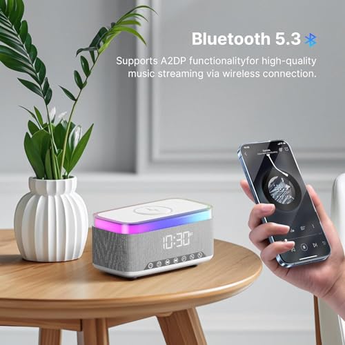 Image of Bluetooth Speaker Alarm Clock with 15W Wireless Charging, RGB Night Light, White Noise Sound Machine, FM Radio, 10W Speaker, Bedside Smart Clock