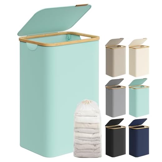 SONGMICS Cesto de Ropa Sucia con Tapa, Gran Cesta Ropa Sucia, 90 L, Forro de Malla Extraíble, Tejido Oxford, Asas Bambú, Plegable, 42 x 32 x 70,5 cm, Verde Menta LCB509C01
