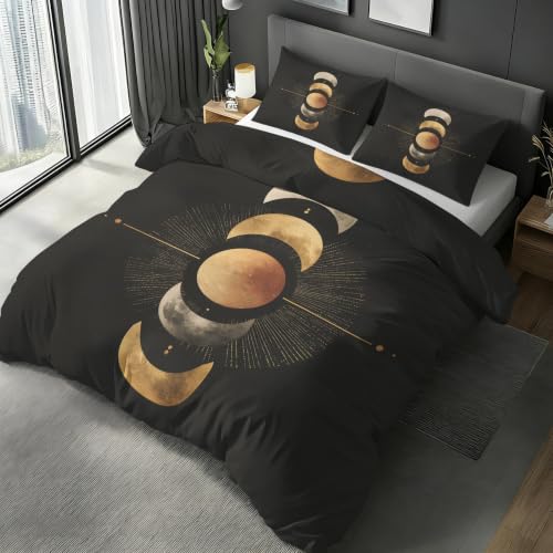 Moon Phase Bedding Full Duvet Cover, Moon Bedroom Decor, Boho Mystic Celestial Duvet Cover 3 Pcs & 2 Pillowcases, Soft Microfiber Zipper Ties