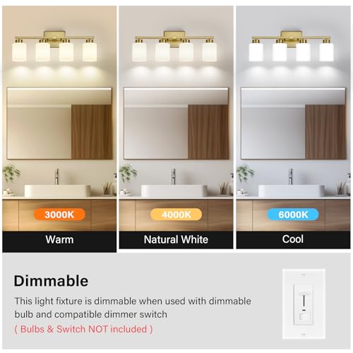 Image of FonmYim Brushed Gold Bathroom Light Fixtures, 4-Light Modern Vanity Light Over Mirror, Wall Sconces with Milky White Frosted Glass Shades, E26 Socket (Bulbs Not Included)