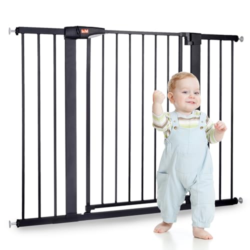 LAOYE Treppenschutzgitter ohne Bohren, Extra Hoch 92 cm Höhe, 75-124 cm Breite, Türgitter Baby mit 3 Verlängerungen, für Kinder, Hunde und Katzen, Auto-Close & 90° Stopp - Schwarz