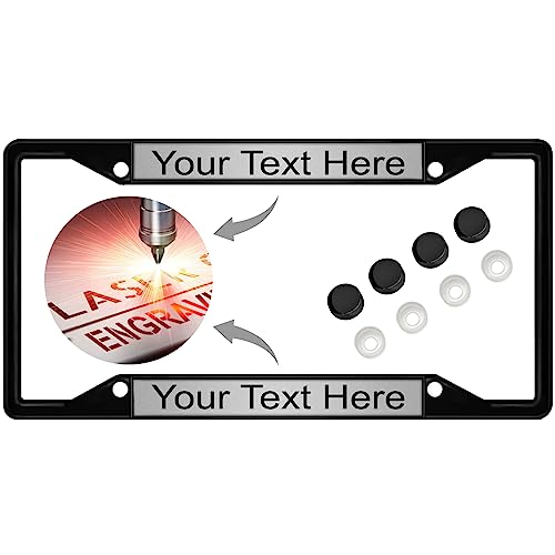 Image of Personalized with Custom Text Design - 4 Hole Black Metal Laser Engraved US Standard Size - Car License Plate Frame with Free caps - Silver /Black Text (Qty: 1 Frame)