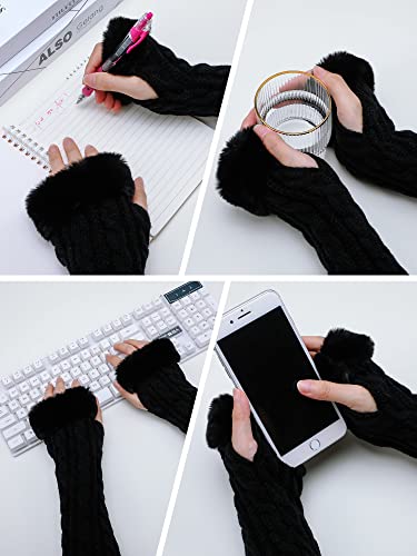 Eurzom 3 Pairs Arm Warmers Women Long Fingerless Thumbhole Gloves Mittens Faux Fur Knit Wool Arm Warm Knitted Elbow Cover (Black, White, Dark Grey) - Thumbnail 4