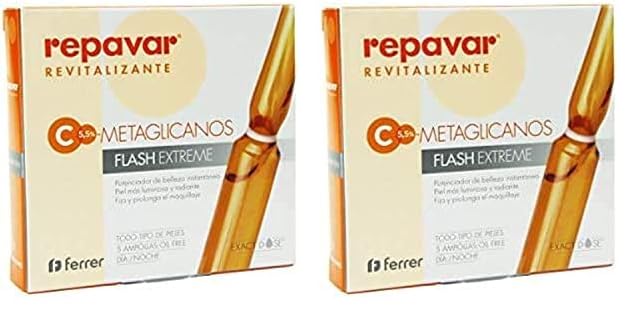 Repavar Revitalizante - Sérum Metaglicanos Flash Extreme - Efecto Tensor Inmediato - Elaborado con Vitamina C - Piel más Luminosa y Radiante - Fija el Maquillaje - 5 Ampollas de 1 ml (Paquete de 2)