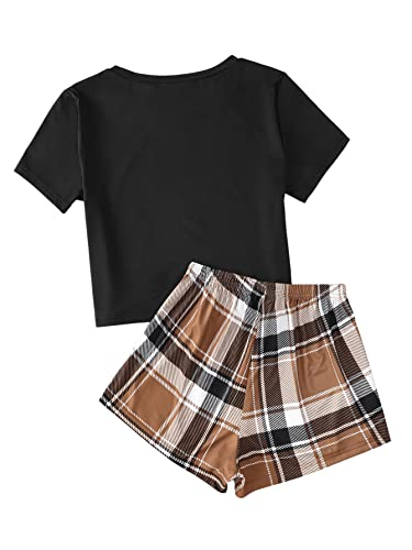 Sweatyrocks Women's 2 Piece Pajama Set Short Sleeve Graphic Tee And Plaid Shorts Black Brown L #TOP1