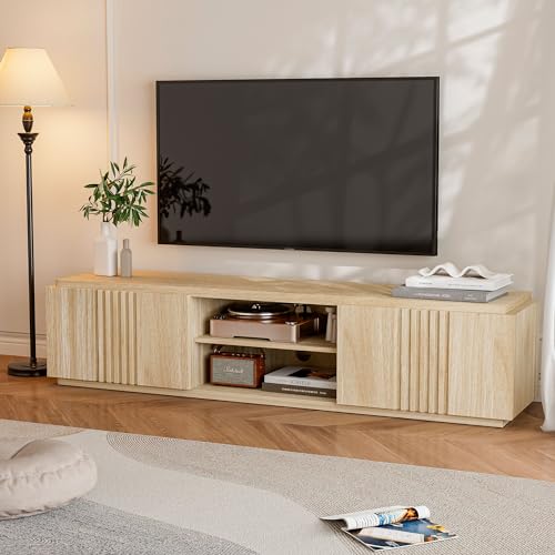 BELLEZE 70" Fluted Media Entertainment Center Console for TVs up to 75", TV Stand Table w/Oversize Drawers and 2-Tier Open Shelves, Wood Storage Cabinet for Living Room-Mint(White Lotus)