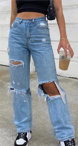 Women‘s Baggy Jeans Ripped Hole Denim Pants Streetwear High Waist Pocket Straight Trousers Loose Jeans3