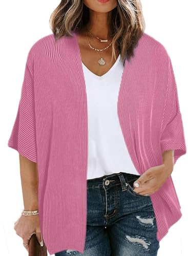 Image of Eytino Women Plus Size Lightweight Cardigan Half Sleeve Ribbed Knit Kimono Cardigans Tops(1X-5X)
