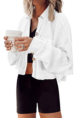 Image of Panadila Womens Waffle Knit Jacket Cropped Cardigan | Button Down Shirt, Long Sleeve Shacket, Classic Outwear with Pocket, Short Jacket, Trendy, Casual
