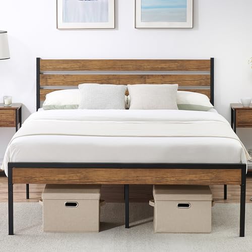 IDEALHOUSE Full Size Bed Frame with Rustic Vintage Wood Headboard, Mattress Foundation, Strong Metal Slats Platform Support, Under Bed Storage, Noise-Free, No Box Spring Needed