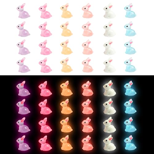 60 Pcs Mini Resin Rabbit 6 Colors Luminous Miniature Bunny in The Dark Fairy Garden Accessories for Garden Landscape Dollhouse Decor and Slime (60pcs 6colors)