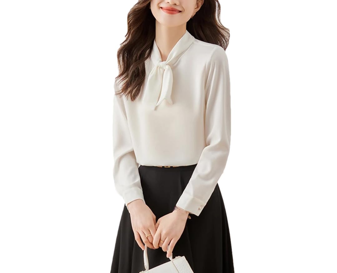 Pullover a maniche lunghe da donna Slim Bowknot Satin Top Bianco, bianco, M