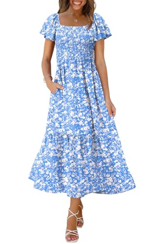 OFEEFAN Summer Dresses for Women Square Neck Ruffle Sleeve Smocked Maxi Dress with Pockets