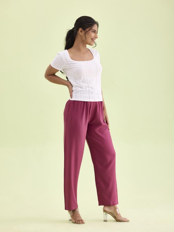 Image of GO COLORS Women Solid Mid Rise Relaxed Fit Viscose Casual Pants