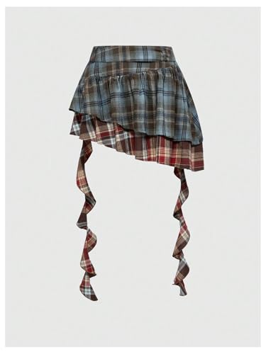 Verdusa Women's Grunge Colorblock Plaid Ruffle Skirt Y2K Tiered Layered Belted Skirt with Strap2