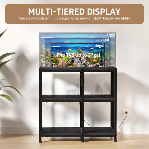 Image of 20-29 Gallon Fish Tank Stand with Power Strip, 3-Tier Metal Aquarium Stand, 31.5 inch L x 16.5 inch W for 20 Gallon Long Aquarium, 400 lbs Capacity, Black