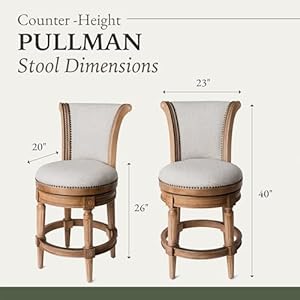 Maven Lane Pullman 26 Inch Tall Counter Height Upholstered Barstool with Back in Weathered Oak Finish with Sand Color Fabric Cushion Seat, Set of 3 Maven Lane Pullman 26 Inch Tall Counter Height Upholstered Barstool with Back in Weathered Oak Finish with Sand Color Fabric Cushion Seat Set of 3