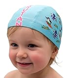 IMSPIRA Gorro de Natación Bebé Unisex 0–24 Meses | “Natural Born Swimmer” Azul con Lema Fucsia | Pulpo waterpolista, pingüino Surfista y Rana nadadora | Piscina y Playa