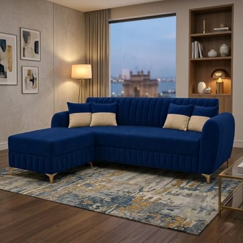 Image of CASASTYLE Signature Velour 4-Seater L-Shape Sofa Set with Movable Ottoman | Flexible LHS /RHS Layout | Boston Matte Fabric | 40D Foam + Zigzag Spring | 3-Yr Warranty (Midnight Blue)