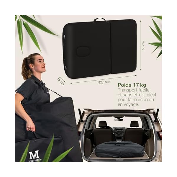 MASSUNDA All INKL Chaise de Massage Pliante et réglable en Hauteur – Table de Massage Mobile en Bois Massif avec Housse en éponge, accoudoirs et dossiers, appuie-tête Ergonomique (Noir)