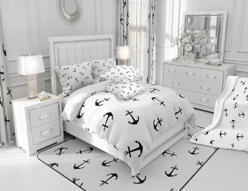 Housse de couette nautique lit simple Manfei - Linge de lit enfant motif ancre et bateau à voile