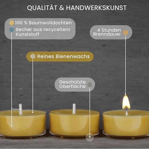 100% Bienenwachskerzen – 12 -teiliges Kerzenset - Bienenwachs Teelichter mit Baumwolldochten – 4 Stunden Brennzeit – Bienenwachs-Kerzen mit Recyceltem Kunststoff von Danilovo