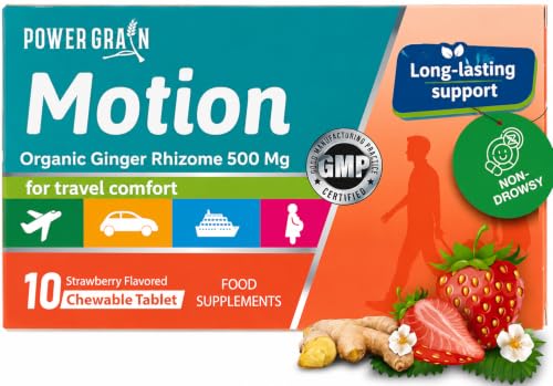 Travel & Motion Sickness Tablets - 500mg Chewable Ginger Rhizome Tablets - Non-Drowsy Nausea & Vomiting Relief - 10 Tablets (Strawberry)