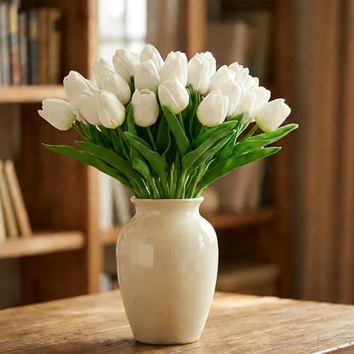 Image of 20Pcs Stems 13.5 Inch Light Green PU Artificial Moisturizing Tulips, Faux Tulips Flowers for Thanksgiving Christmas Decorations Wedding Home Table Vase Floral Arrangements