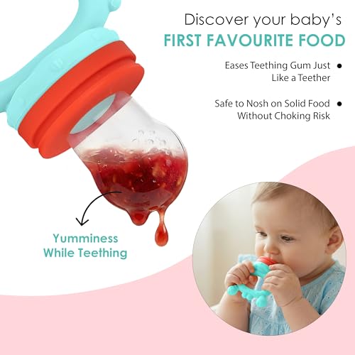 Image of BabyGo Silicone Baby Fruit Nibbler & Teether with Rattle Handle | Soft Feeding Feeder for Fruits | Easy Grip Self-Feeding Teething Pacifier & Teether for Babies 6-12 Months | Multicolour | Pack of 1