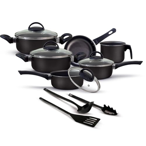 Jogo de Panelas Antiaderente 9 Peças Preto Conjunto Com tampa de ...