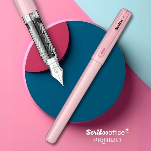 Image of Scrikss Primeo Medium Nib Fountain Pen | 3 Cartridges Included | Stainless Steel Nib & ABS Body | Pink | in Blister Pack
