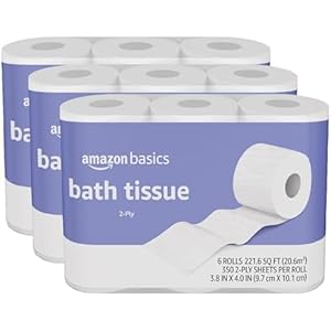Amazon Basics 2-Ply Toilet Paper 18 Rolls = 72 Regular Rolls, 350 Sheets, (3 Packs of 6), Unscented