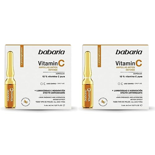 Babaria - Ampollas Faciales con 10% Vitamina C Pura, Luminosidad e Hidratación con Efecto Antioxidante, Vegano - 5 Unidades de 2 ml (Paquete de 2)