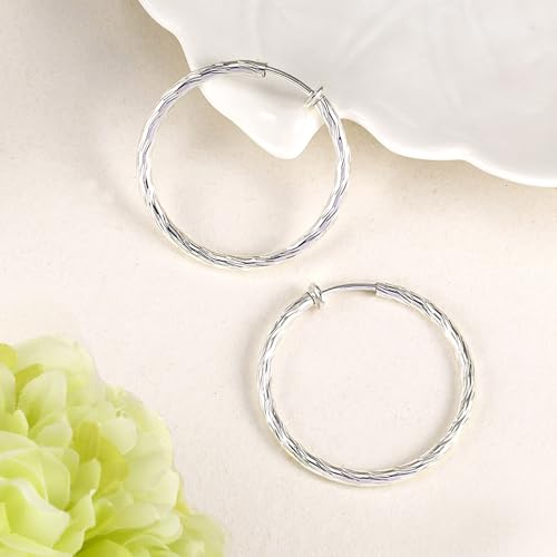 Clip On Hoop Earrings For Women No Piercing Earrrings Spring Hoops for Non-Pierced Ears Grey Tone 4CM/1.57" 5CM/1.96" 6CM/2.36"4
