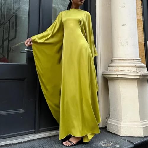 Vestido Abaya de satén para mujer con manga de mariposa, estilo diario de moda esencial (talla media, amarillo)